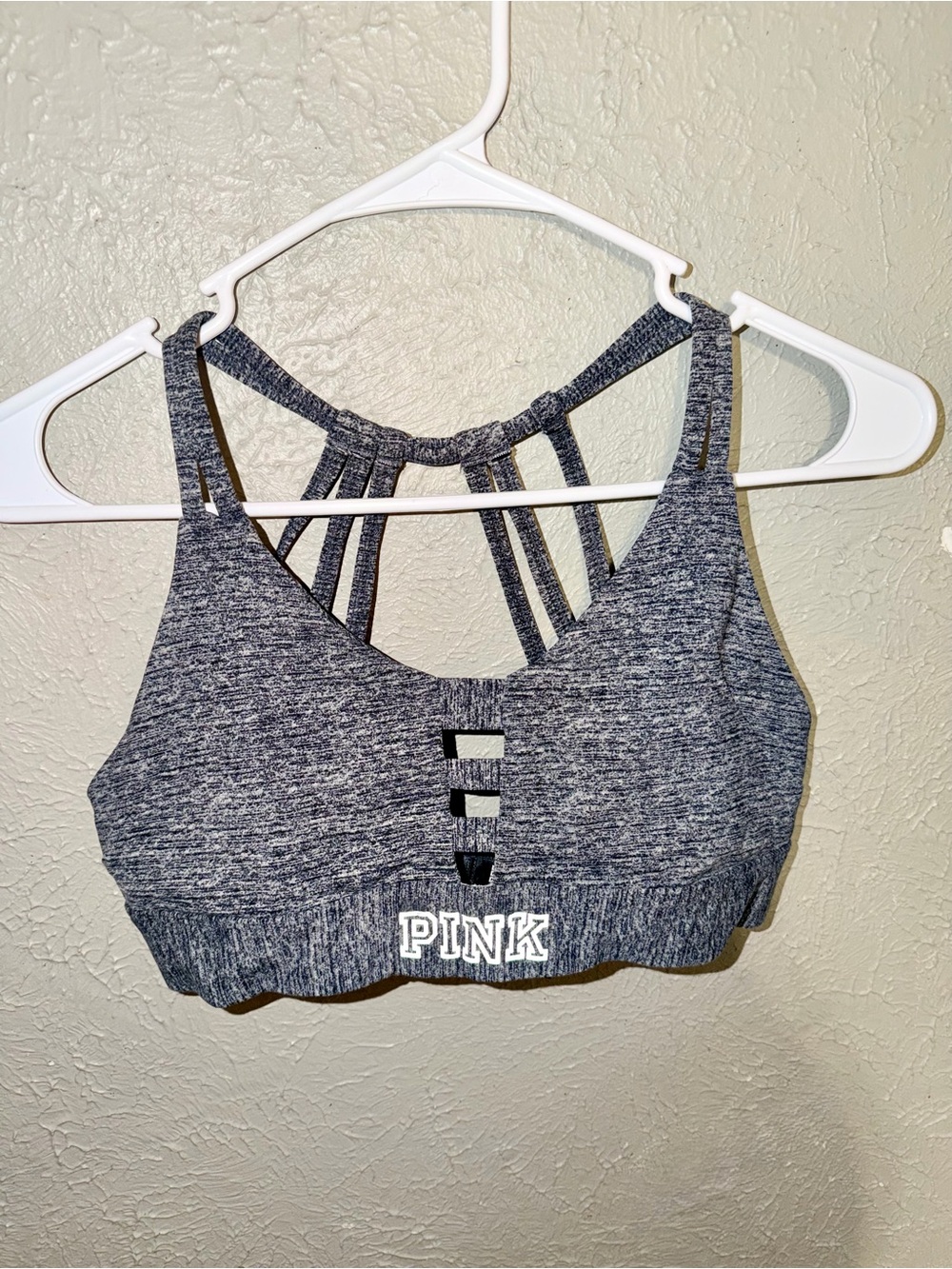 PINK Victoria's Secret Heathered Gray Strappy Sports Bra